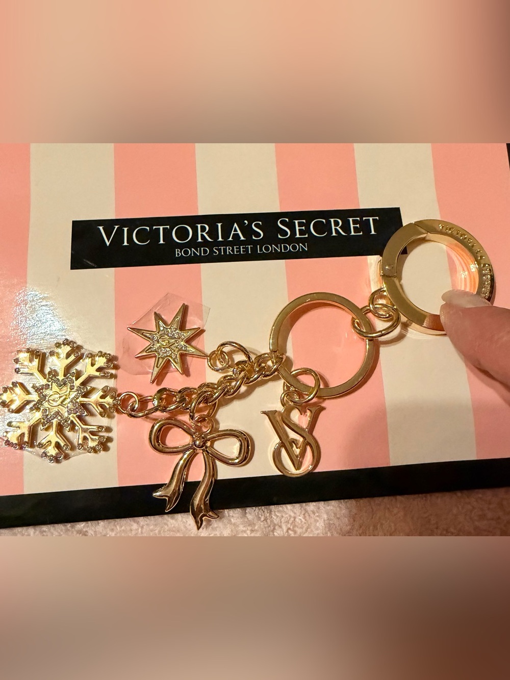 Victoria's Secret Gold Charm Keychain-Bag Charm With Bow & Snowflakes
